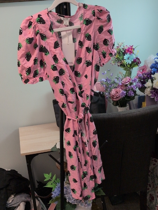 Monki Dresses & Skirts - Monki Pink Strawberry-Print Wrap Dress